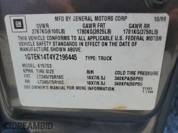 ✅ 2000 GMC Sierra 1500 SLE • VIN: 1GTEK14T4YZ196445 • Лот: 81857885. Опубликован ранее на Copart с пробегом Не указан. Бесплатный доступ к архиву аукционных продаж из США и подробный отчёт об истории автомобиля на DreamBid. Изображение 12.