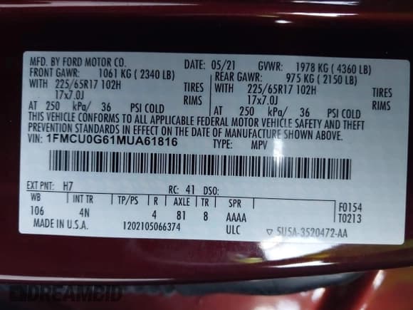 ✅ 2021 Ford Escape SE • VIN: 1FMCU0G61MUA61816 • Лот: 42582600. Опубликован ранее на IAAI с пробегом 77 032 миль. Бесплатный доступ к архиву аукционных продаж из США и подробный отчёт об истории автомобиля на DreamBid. Изображение 9.