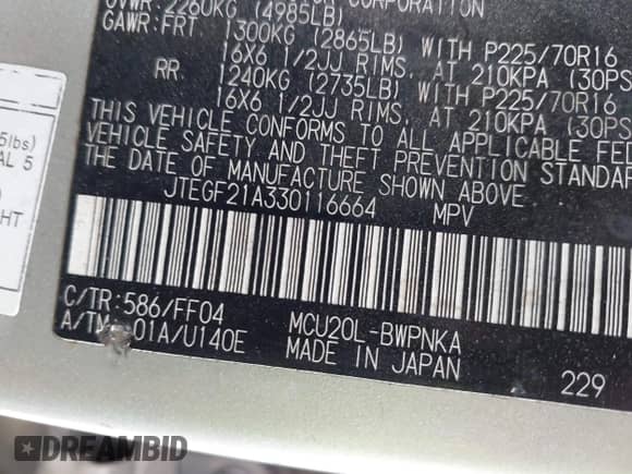 2003 Toyota Highlander with VIN JTEGF21A330116664, listed as a IAAI auction lot 42601069 with 282,208 mi miles and . Bid and sale history available at DreamBid. Image 9.