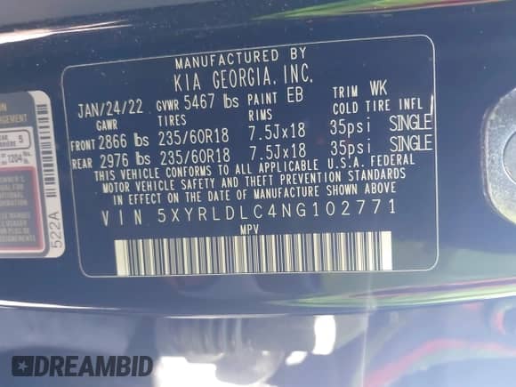 2022 Kia Sorento X-Line S z VIN 5XYRLDLC4NG102771, wystawiony jako IAAI lot #42654251 z przebiegiem 39 228 mil mil oraz . Historia ofert i sprzedaży dostępna na DreamBid. Obrazek 9.