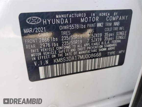 ✅ 2021 Hyundai Santa Fe SEL Premium • VIN: KM8S3DA17MU008668 • Lot: 39731374. Wystawiony na Copart z przebiegiem 20 641 mil. Bezpłatny archiwum sprzedaży aukcyjnych z USA i szczegółowy raport historii pojazdu na DreamBid. Zdjęcie 13.