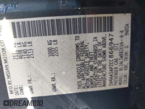 ✅ 2012 Nissan Maxima SV • VIN: 1N4AA5AP2CC866947 • Lot: 43622955. Listed on IAAI with 61,379 mi. Free auction sales archive from the USA and detailed vehicle history report at DreamBid. Image 9.