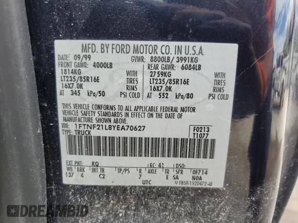 ✅ 2000 Ford F-250 XL • VIN: 1FTNF21L8YEA70627 • Lot: 56016275. Listed on Copart with 95,683 mi. Free auction sales archive from the USA and detailed vehicle history report at DreamBid. Image 12.