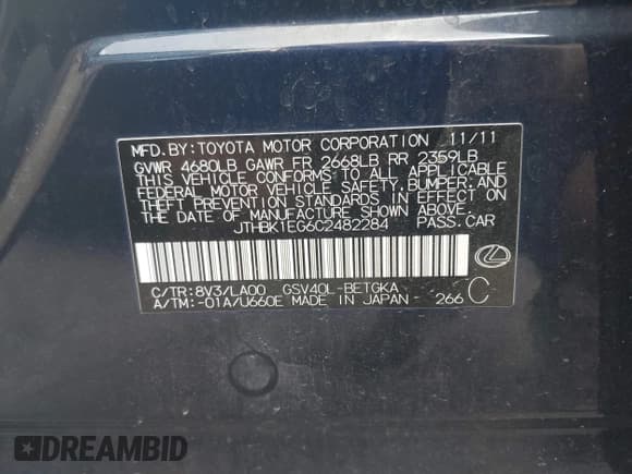 ✅ 2012 Lexus ES 330 • VIN: JTHBK1EG6C2482284 • Лот: 43504314. Опубликован ранее на IAAI с пробегом 156 674 миль. Бесплатный доступ к архиву аукционных продаж из США и подробный отчёт об истории автомобиля на DreamBid. Изображение 9.