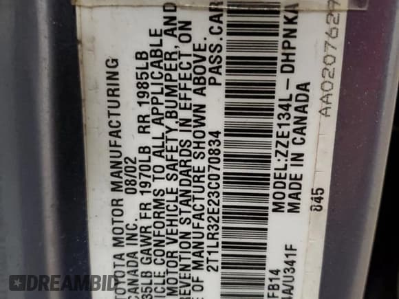 ✅ 2003 Toyota Matrix Std • VIN: 2T1LR32E23C070834 • Lot: 50466745. Wystawiony na Copart z przebiegiem 104 780 mil. Bezpłatny archiwum sprzedaży aukcyjnych z USA i szczegółowy raport historii pojazdu na DreamBid. Zdjęcie 13.