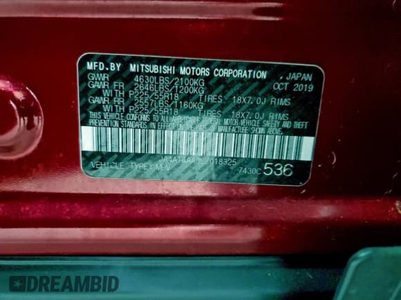 ✅ 2020 Mitsubishi Eclipse Cross LE • VIN: JA4AT4AA0LZ018325 • Lot: 94643875. Listed on Copart with 60,715 mi. Free auction sales archive from the USA and detailed vehicle history report at DreamBid. Image 13.