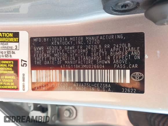 2021 Toyota Camry SE with VIN 4T1G11BK3MU026604, listed as a IAAI auction lot 42000560 with 104,453 mi miles and . Bid and sale history available at DreamBid. Image 9.