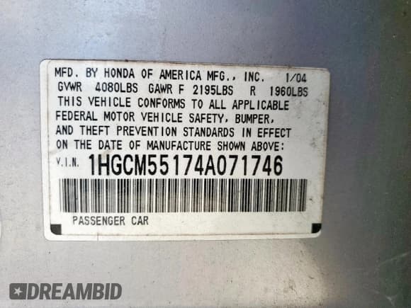 ✅ 2004 Honda Accord DX • VIN: 1HGCM55174A071746 • Lot: 60918825. Listed on Copart with 252,766 mi. Free auction sales archive from the USA and detailed vehicle history report at DreamBid. Image 13.