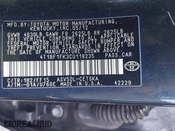 2012 Toyota Camry LE с VIN 4T1BF1FK3CU118235, выставлен на аукционе IAAI как лот 43015541 с пробегом 263 480 миль миль и . История ставок и продаж доступна на DreamBid. Изображение 9.