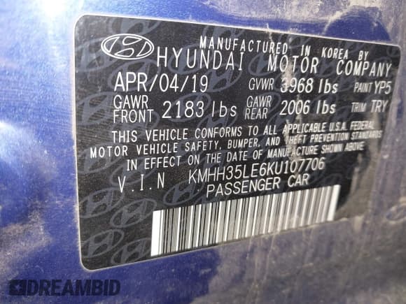 ✅ 2019 Hyundai Elantra • VIN: KMHH35LE6KU107706 • Lot: 42574286. Listed on IAAI with 60,101 mi. Free auction sales archive from the USA and detailed vehicle history report at DreamBid. Image 9.