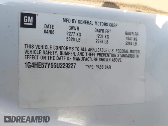 ✅ 2006 Buick Lucerne CXS • VIN: 1G4HE57Y66U229227 • Lot: 43199806. Listed on IAAI with 109,127 mi. Free auction sales archive from the USA and detailed vehicle history report at DreamBid. Image 9.