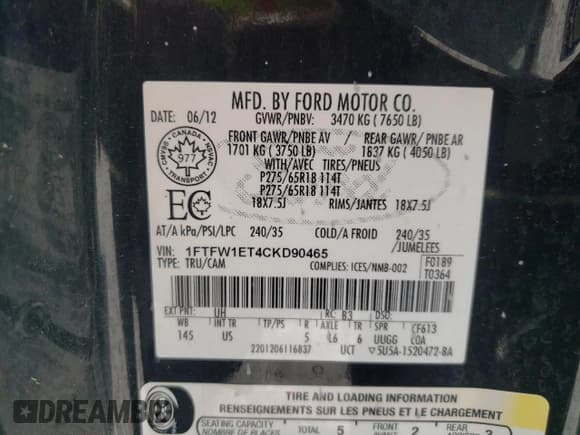 ✅ 2012 Ford F-150 XL • VIN: 1FTFW1ET4CKD90465 • Lot: 59259215. Listed on Copart with 513,721 mi. Free auction sales archive from the USA and detailed vehicle history report at DreamBid. Image 12.