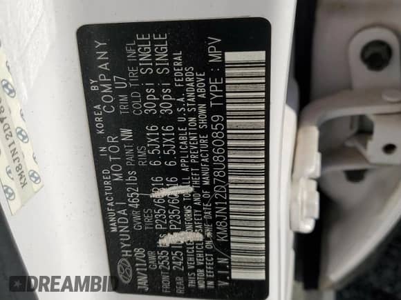 2008 Hyundai Tucson SE z VIN KM8JN12D78U860859, wystawiony jako Copart lot #78891214 z przebiegiem 183 324 mil mil oraz Szkoda całkowita • Salvage title. Historia ofert i sprzedaży dostępna na DreamBid. Obrazek 13.