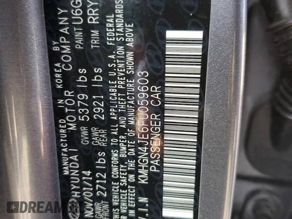 2015 Hyundai Genesis 3.8L with VIN KMHGN4JE6FU059603, listed as a Copart auction lot 76123384 with 112,279 mi miles and Salvage title. Bid and sale history available at DreamBid. Image 12.