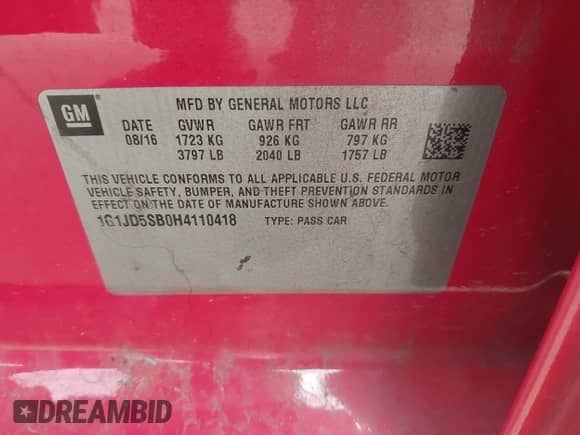 2017 Chevrolet Sonic LT with VIN 1G1JD5SB0H4110418, listed as a IAAI auction lot 42772365 with 126,651 mi miles and . Bid and sale history available at DreamBid. Image 9.