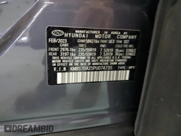 ✅ 2023 Hyundai Santa Fe Limited • VIN: KM8S7DA25PU074735 • Lot: 60221904. Wystawiony na Copart z przebiegiem 12 301 mil. Bezpłatny archiwum sprzedaży aukcyjnych z USA i szczegółowy raport historii pojazdu na DreamBid. Zdjęcie 14.