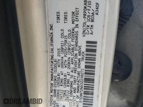 ✅ 2003 Toyota Tacoma • VIN: 5TEHN72NX3Z238271 • Lot: 89523095. Listed on Copart with 195,515 mi. Free auction sales archive from the USA and detailed vehicle history report at DreamBid. Image 12.