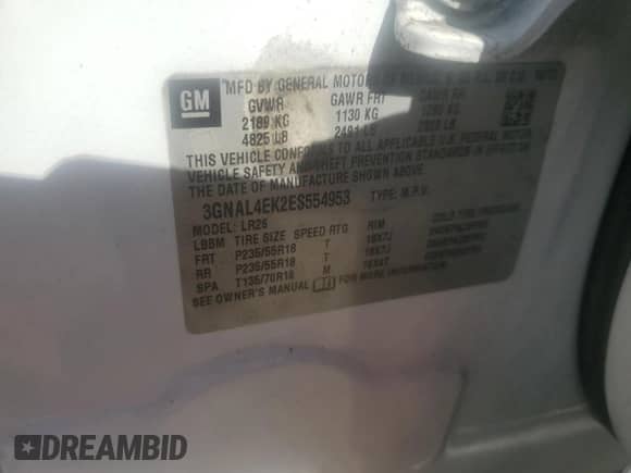 2014 Chevrolet Captiva Sport LTZ with VIN 3GNAL4EK2ES554953, listed as a Copart auction lot 77829244 with Not provided miles and Salvage title. Bid and sale history available at DreamBid. Image 13.