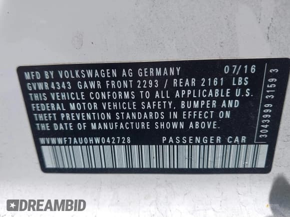 ✅ 2017 Volkswagen Golf R • VIN: WVWWF7AU0HW042728 • Lot: 43111406. Listed on IAAI with 95,870 mi. Free auction sales archive from the USA and detailed vehicle history report at DreamBid. Image 9.