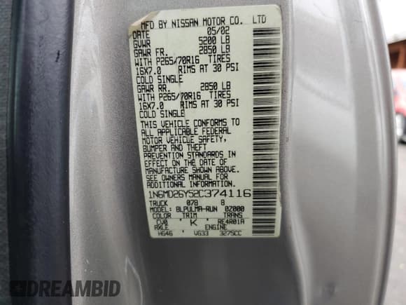 ✅ 2002 Nissan Frontier SVE • VIN: 1N6MD26Y52C374116 • Lot: 92444825. Listed on Copart with 182,661 mi. Free auction sales archive from the USA and detailed vehicle history report at DreamBid. Image 12.