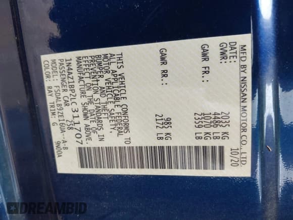 ✅ 2020 Nissan LEAF S • VIN: 1N4AZ1BP2LC311707 • Lot: 42368677. Listed on IAAI with 46,417 mi. Free auction sales archive from the USA and detailed vehicle history report at DreamBid. Image 9.