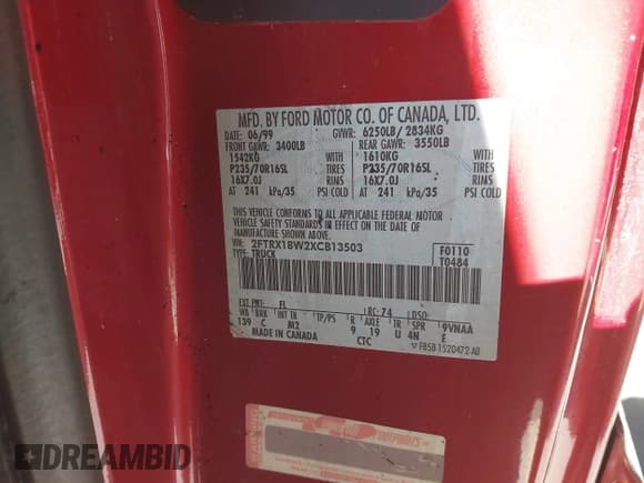 ✅ 1999 Ford F-150 • VIN: 2FTRX18W2XCB13503 • Lot: 42195132. Listed on IAAI with Not provided. Free auction sales archive from the USA and detailed vehicle history report at DreamBid. Image 9.