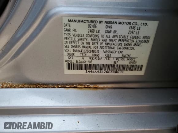 ✅ 2006 Nissan Maxima SL • VIN: 1N4BA41E26C848031 • Lot: 60378095. Listed on Copart with Not provided. Free auction sales archive from the USA and detailed vehicle history report at DreamBid. Image 12.