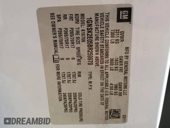 2011 Chevrolet Tahoe Commercial with VIN 1GNSK2E05BR259970, listed as a Copart auction lot 71519905 with 285,961 mi miles and Salvage title. Bid and sale history available at DreamBid. Image 12.