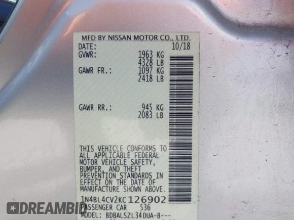 ✅ 2019 Nissan Altima SR • VIN: 1N4BL4CV2KC126902 • Лот: 43224801. Опубликован ранее на IAAI с пробегом 123 914 миль. Бесплатный доступ к архиву аукционных продаж из США и подробный отчёт об истории автомобиля на DreamBid. Изображение 9.