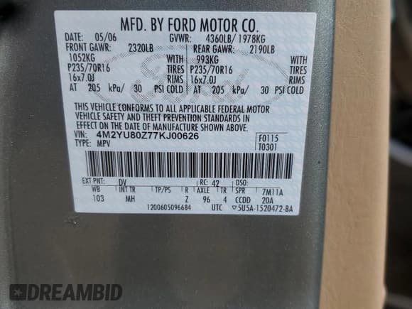 ✅ 2007 Mercury Mariner Convenience • VIN: 4M2YU80Z77KJ00626 • Лот: 59371015. Опубликован ранее на Copart с пробегом 132 586 миль. Бесплатный доступ к архиву аукционных продаж из США и подробный отчёт об истории автомобиля на DreamBid. Изображение 12.