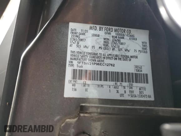 ✅ 2006 Ford F-250 XL • VIN: 1FTSW21P96EC12762 • Lot: 70489135. Listed on Copart with Not provided. Free auction sales archive from the USA and detailed vehicle history report at DreamBid. Image 12.