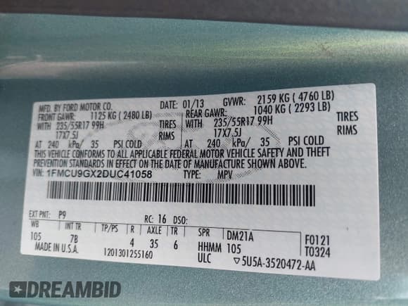 ✅ 2013 Ford Escape SE • VIN: 1FMCU9GX2DUC41058 • Lot: 42902425. Listed on IAAI with 109,278 mi. Free auction sales archive from the USA and detailed vehicle history report at DreamBid. Image 8.