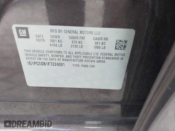 ✅ 2015 Chevrolet Cruze LT • VIN: 1G1PC5SB1F7224081 • Lot: 43376147. Listed on IAAI with 95,768 mi. Free auction sales archive from the USA and detailed vehicle history report at DreamBid. Image 9.