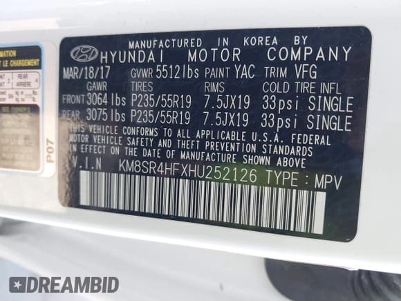 ✅ 2017 Hyundai Santa Fe Limited Ultimate • VIN: KM8SR4HFXHU252126 • Лот: 42321868. Опубликован ранее на IAAI с пробегом 65 062 миль. Бесплатный доступ к архиву аукционных продаж из США и подробный отчёт об истории автомобиля на DreamBid. Изображение 9.