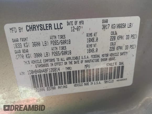 ✅ 2008 Dodge Durango SLT • VIN: 1D8HB48N48F126814 • Lot: 43870789. Listed on IAAI with 132,143 mi. Free auction sales archive from the USA and detailed vehicle history report at DreamBid. Image 9.