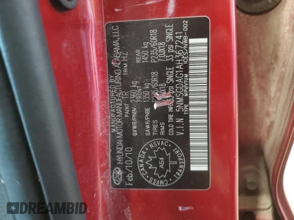 ✅ 2010 Hyundai Santa Fe GL • VIN: 5NMSGDAG1AH367241 • Lot: 76537374. Listed on Copart with 274,765 mi. Free auction sales archive from the USA and detailed vehicle history report at DreamBid. Image 13.