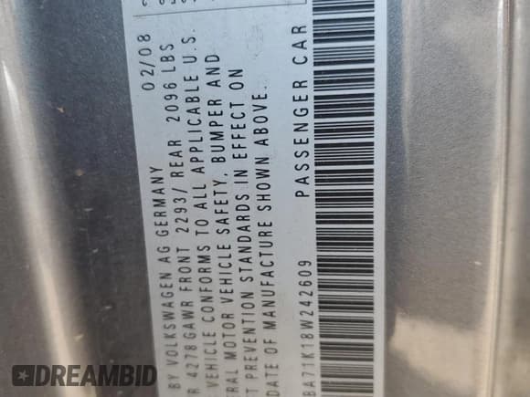 ✅ 2008 Volkswagen Rabbit S • VIN: WVWBA71K18W242609 • Lot: 54439135. Wystawiony na Copart z przebiegiem 206 083 mil. Bezpłatny archiwum sprzedaży aukcyjnych z USA i szczegółowy raport historii pojazdu na DreamBid. Zdjęcie 12.