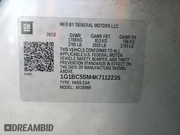 ✅ 2019 Chevrolet Cruze LS • VIN: 1G1BC5SM4K7112235 • Lot: 81421275. Listed on Copart with 153,570 mi. Free auction sales archive from the USA and detailed vehicle history report at DreamBid. Image 12.