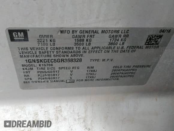 2016 Chevrolet Tahoe Commercial with VIN 1GNSKDEC5GR368328, listed as a IAAI auction lot 41975629 with 104,205 mi miles and . Bid and sale history available at DreamBid. Image 9.