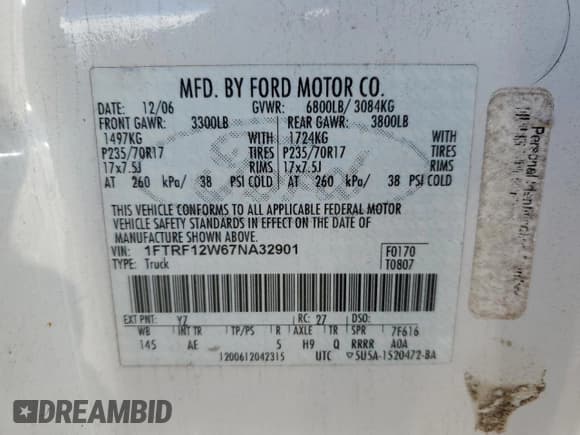 ✅ 2007 Ford F-150 XL • VIN: 1FTRF12W67NA32901 • Лот: 85830885. Опубликован ранее на Copart с пробегом 165 666 миль. Бесплатный доступ к архиву аукционных продаж из США и подробный отчёт об истории автомобиля на DreamBid. Изображение 12.