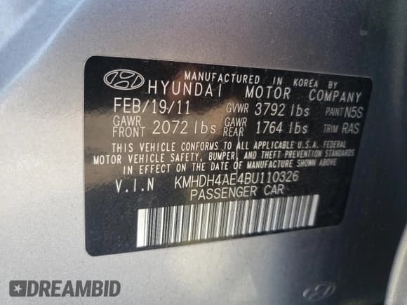 ✅ 2011 Hyundai Elantra Limited • VIN: KMHDH4AE4BU110326 • Lot: 46130275. Listed on Copart with 176,341 mi. Free auction sales archive from the USA and detailed vehicle history report at DreamBid. Image 14.