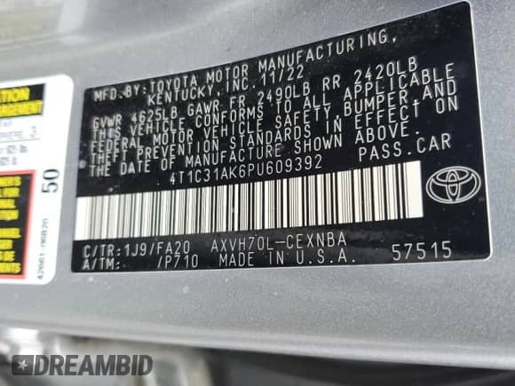 2023 Toyota Camry Hybrid LE with VIN 4T1C31AK6PU609392, listed as a Copart auction lot 61189365 with 134,257 mi miles and Clean title. Bid and sale history available at DreamBid. Image 12.