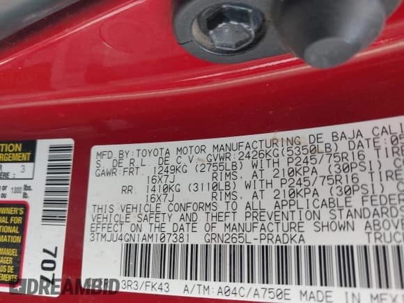 ✅ 2010 Toyota Tacoma PreRunner • VIN: 3TMJU4GN1AM107381 • Lot: 42439023. Listed on IAAI with Not provided. Free auction sales archive from the USA and detailed vehicle history report at DreamBid. Image 9.