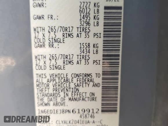 2023 Nissan Frontier Pro-X with VIN 1N6ED1EJ8PN619912, listed as a Copart auction lot 81141025 with 55,239 mi miles and Salvage title. Bid and sale history available at DreamBid. Image 12.