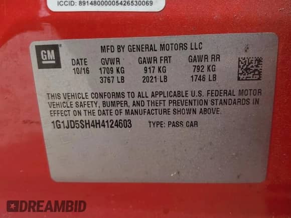 ✅ 2017 Chevrolet Sonic LT • VIN: 1G1JD5SH4H4124603 • Lot: 80303385. Listed on Copart with 148,488 mi. Free auction sales archive from the USA and detailed vehicle history report at DreamBid. Image 12.