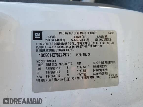 2008 Chevrolet Silverado 1500 Work Truck с VIN 1GCEC14X78Z249770, выставлен на аукционе Copart как лот 56223615 с пробегом 184 296 миль миль и Списание • Salvage title. История ставок и продаж доступна на DreamBid. Изображение 12.