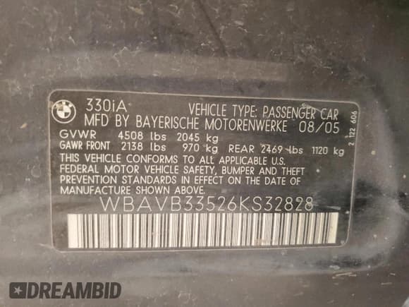 ✅ 2006 BMW 3 Series 330i • VIN: WBAVB33526KS32828 • Lot: 48359995. Listed on Copart with 121,936 mi. Free auction sales archive from the USA and detailed vehicle history report at DreamBid. Image 12.