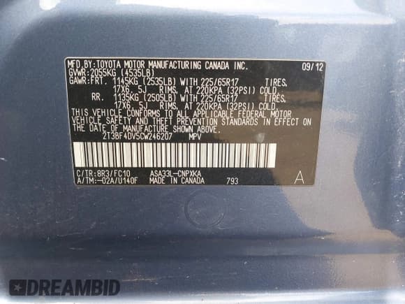 ✅ 2012 Toyota RAV4 • VIN: 2T3BF4DV5CW246207 • Lot: 42235844. Listed on IAAI with 189,280 mi. Free auction sales archive from the USA and detailed vehicle history report at DreamBid. Image 9.