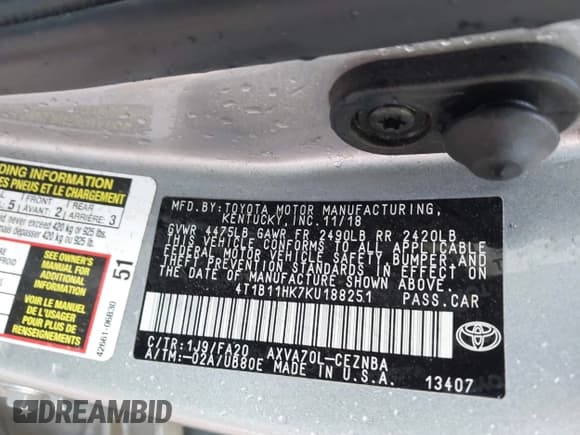 ✅ 2019 Toyota Camry SE • VIN: 4T1B11HK7KU188251 • Лот: 43491000. Опубликован ранее на IAAI с пробегом 114 367 миль. Бесплатный доступ к архиву аукционных продаж из США и подробный отчёт об истории автомобиля на DreamBid. Изображение 9.