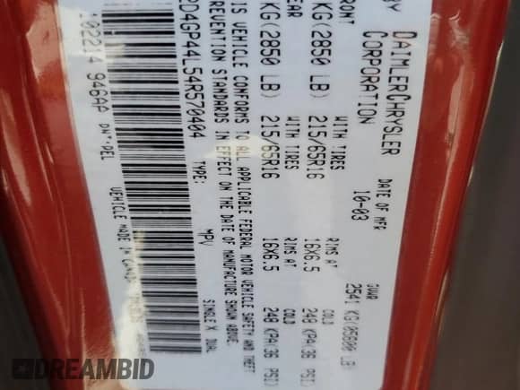 2004 Dodge Caravan SXT z VIN 2D4GP44L54R570404, wystawiony jako Copart lot #56646824 z przebiegiem 239 162 mil mil oraz Szkoda całkowita • Salvage title. Historia ofert i sprzedaży dostępna na DreamBid. Obrazek 13.